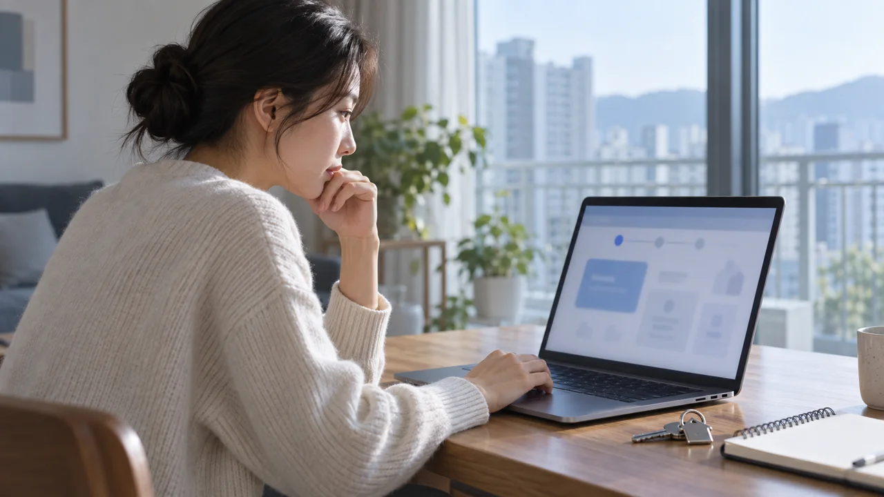 주거 관련 온라인 신고 확인을 표현한 노트북 사용 이미지