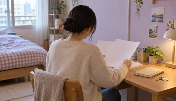 침대와 책상이 있는 방에서 한 사람이 책상에 앉아 여러 장의 종이를 들여다보고 있으며, 책상 오른쪽에는 열쇠가 놓여 있다.